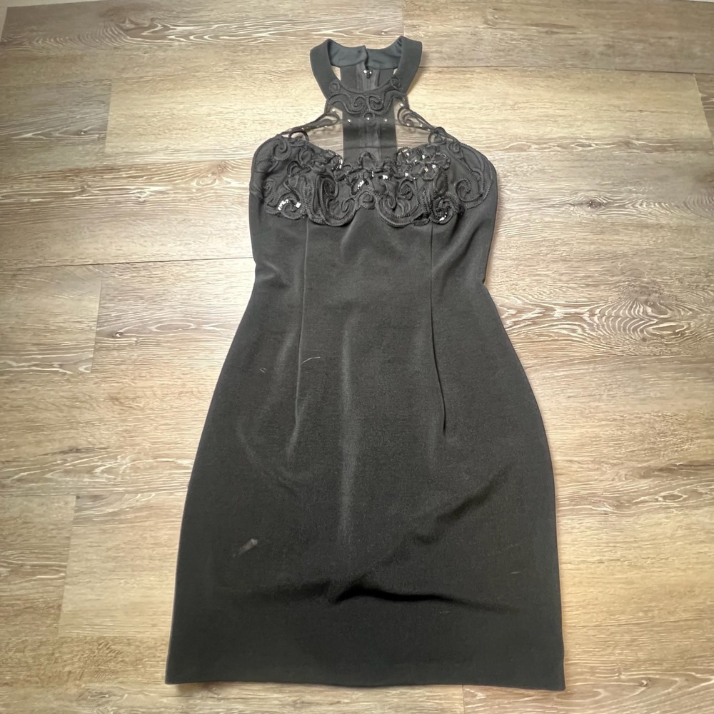 Roberta Cocktail Dress Womens 3/4 Black Halter Mesh Sequin Vintage 90s LBD